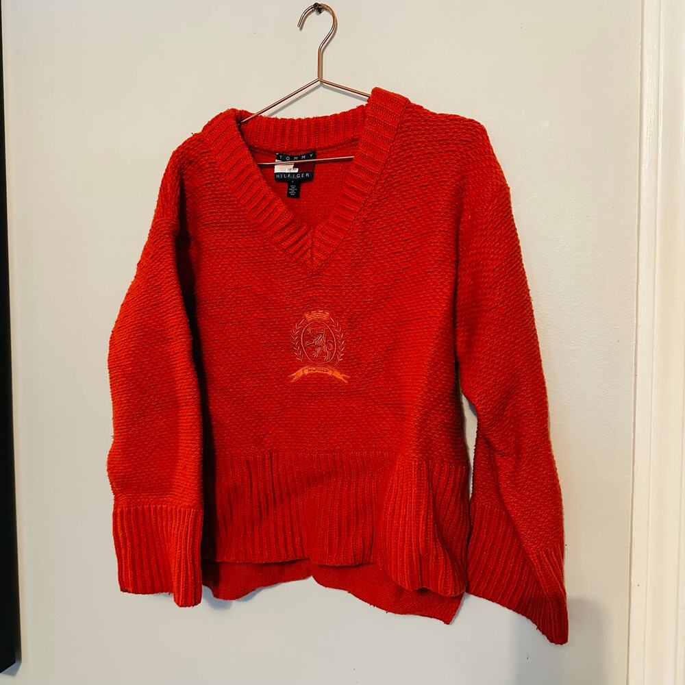 TOMMY HILFIGER Dark Orange Ribbed Knit V-Neck Logo Embroidered Sweater Size S
